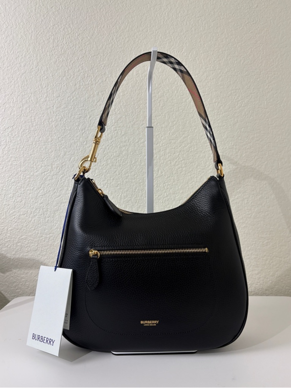Burberry Black Pebbled Leather Hobo Shoulder Bag Medium